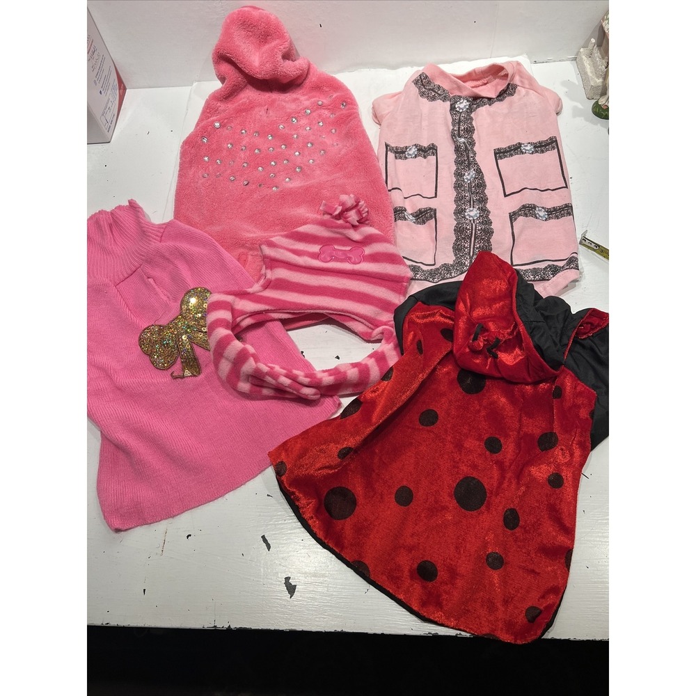 Lot of 5 dog Clothes Jackets Sweater Shirts Size L Christmas Halloween 4a